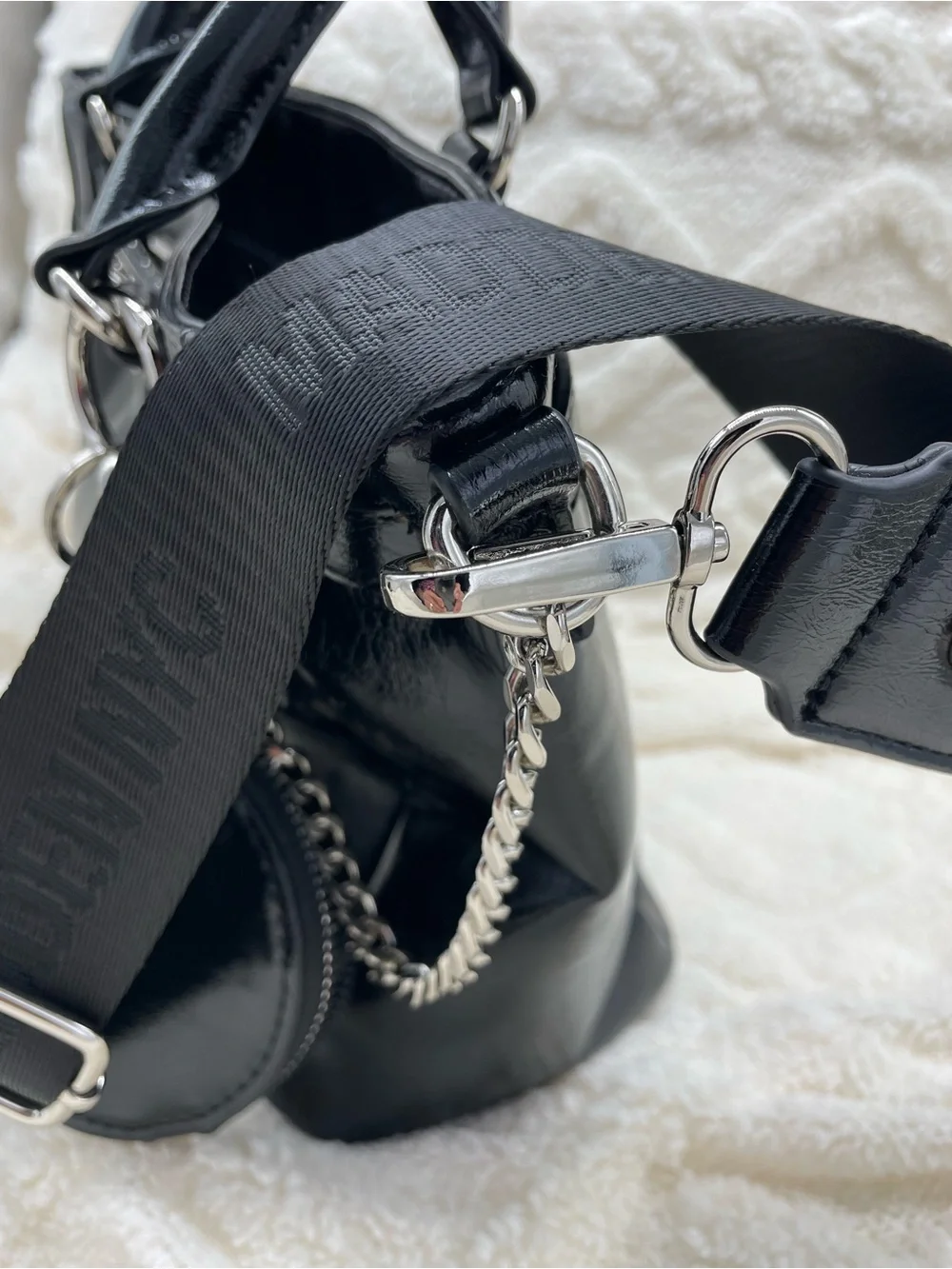 Steve Madden/ Madden NYC Black Patent Satchel with Branded Strap and Coin Pouch